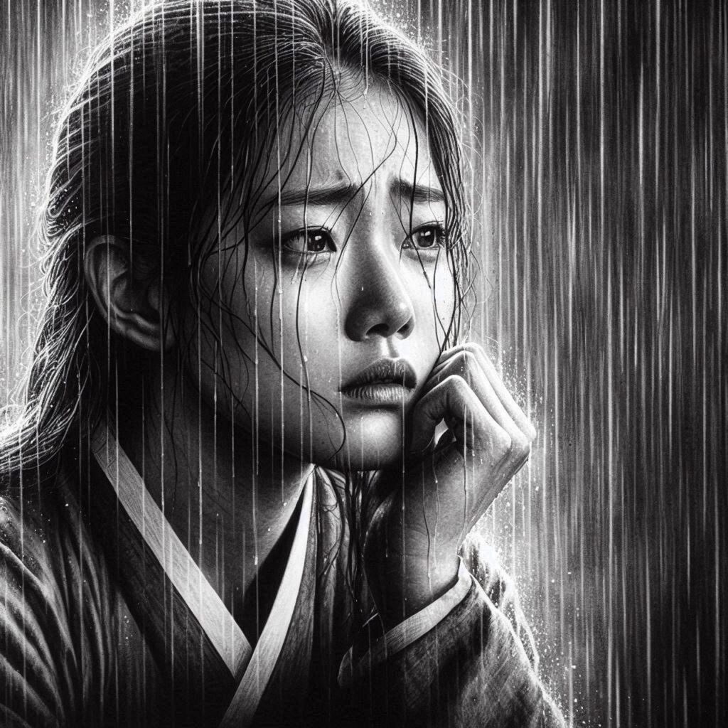 drawing of a sad girl in the rain