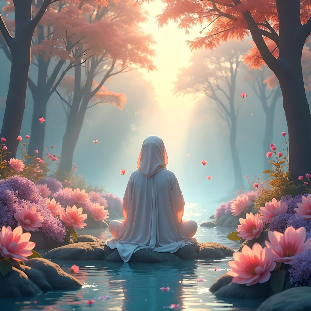 a graphic of the back of a woman in a white hooded cloak sitting on rocks in the middle of a stream meditating