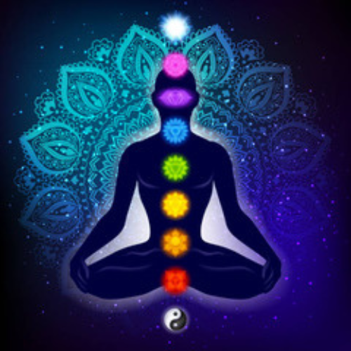 human sitting in lotus position with chakras appearing along center of bocy